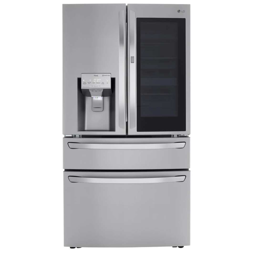 A stainless steel French door refrigerator with a water and ice dispenser, featuring a glass panel on the right door and two additional storage drawers below.