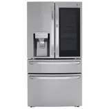 A stainless steel French door refrigerator with a water and ice dispenser, featuring a glass panel on the right door and two additional storage drawers below.