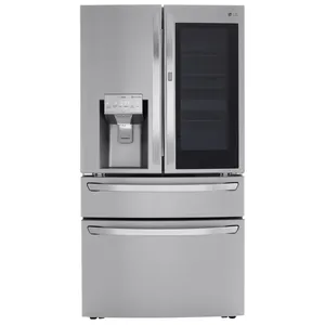 A stainless steel French door refrigerator with a water and ice dispenser, featuring a glass panel on the right door and two additional storage drawers below.