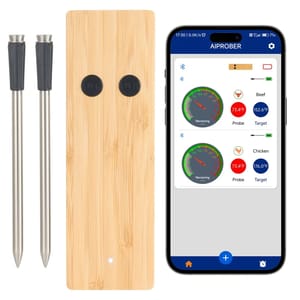 Dual wireless meat probes displayed alongside a smartphone app interface showing temperature readings for beef and chicken.