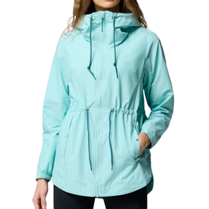 A light blue hooded jacket with front zip, drawstring waist, and side pockets.