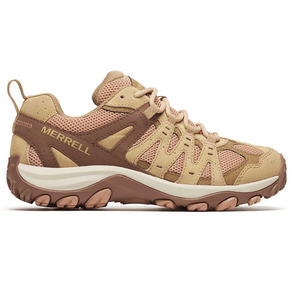 Merrell hiking shoe in tan with brown accents, featuring durable mesh and suede uppers, a cushioned midsole, and a rugged outsole for traction.