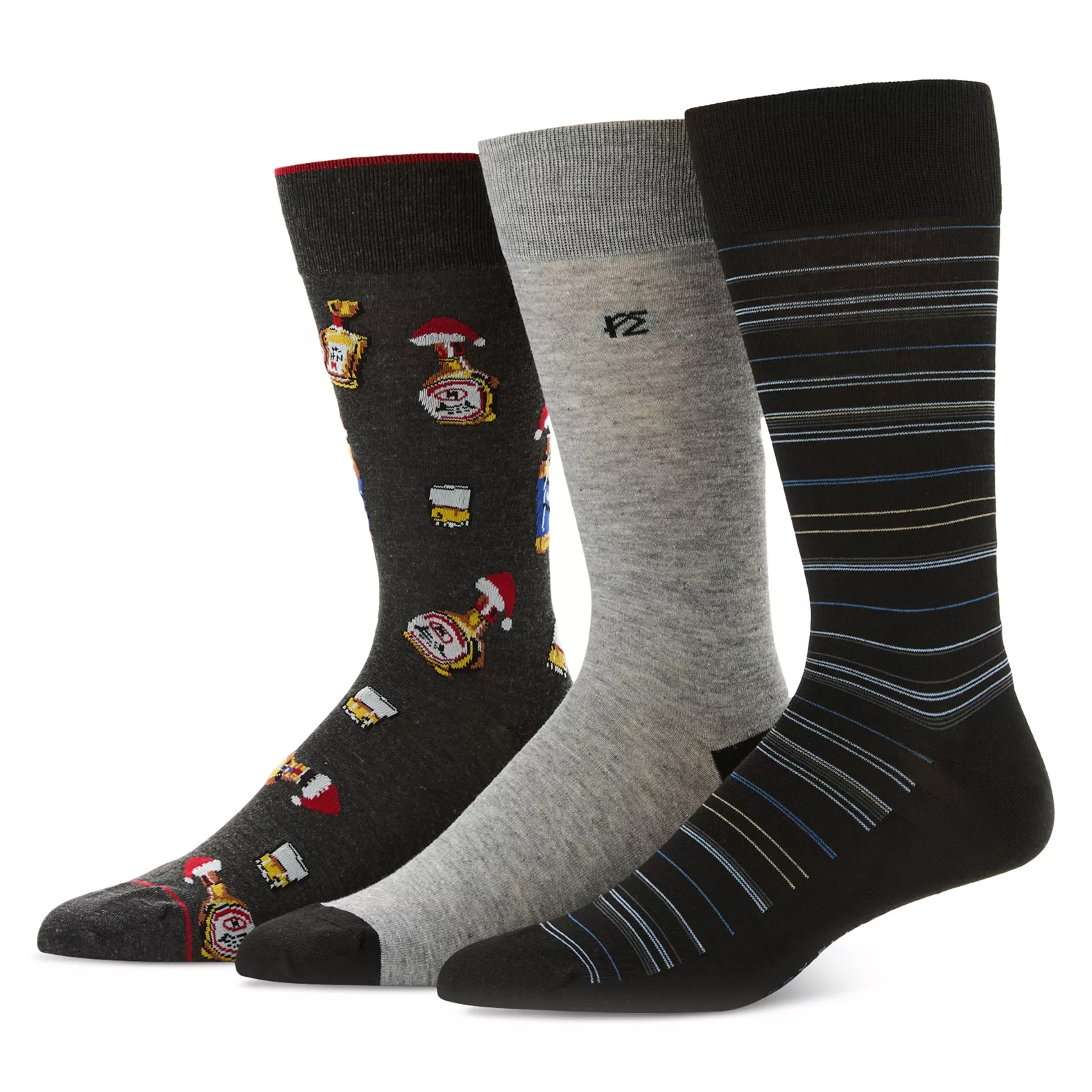 A set of three socks: one with festive beer mug and bottle designs, another in solid gray, and the third with black and blue stripes.