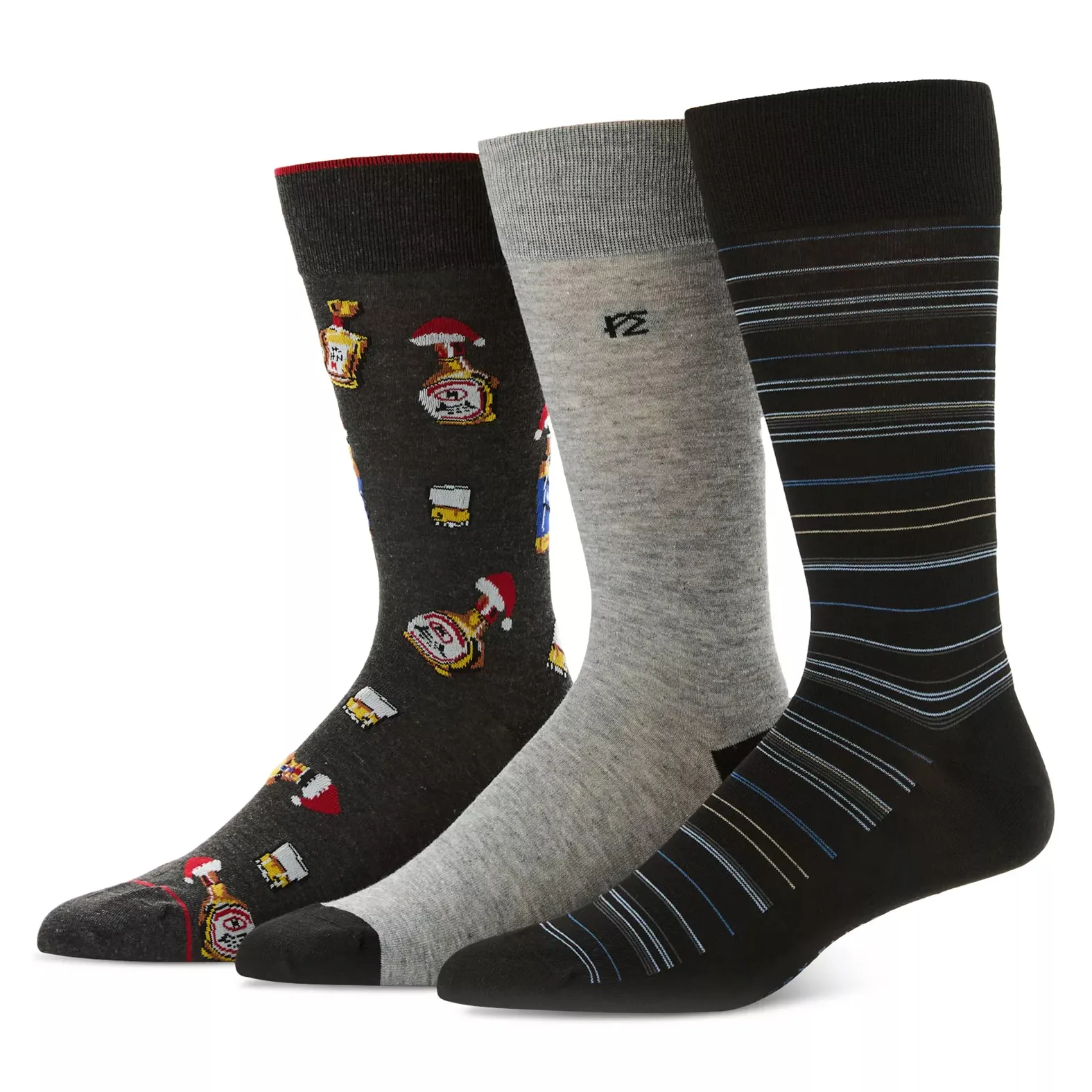 A set of three socks: one with festive beer mug and bottle designs, another in solid gray, and the third with black and blue stripes.