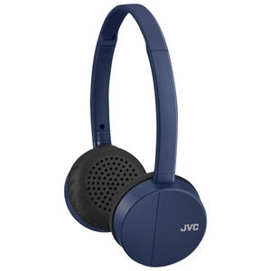 JVC Bluetooth headphones in blue with a slim, adjustable headband and cushioned on-ear design. The left earcup features the JVC logo, and the design is compact and lightweight.