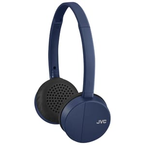 JVC Bluetooth headphones in blue with a slim, adjustable headband and cushioned on-ear design. The left earcup features the JVC logo, and the design is compact and lightweight.