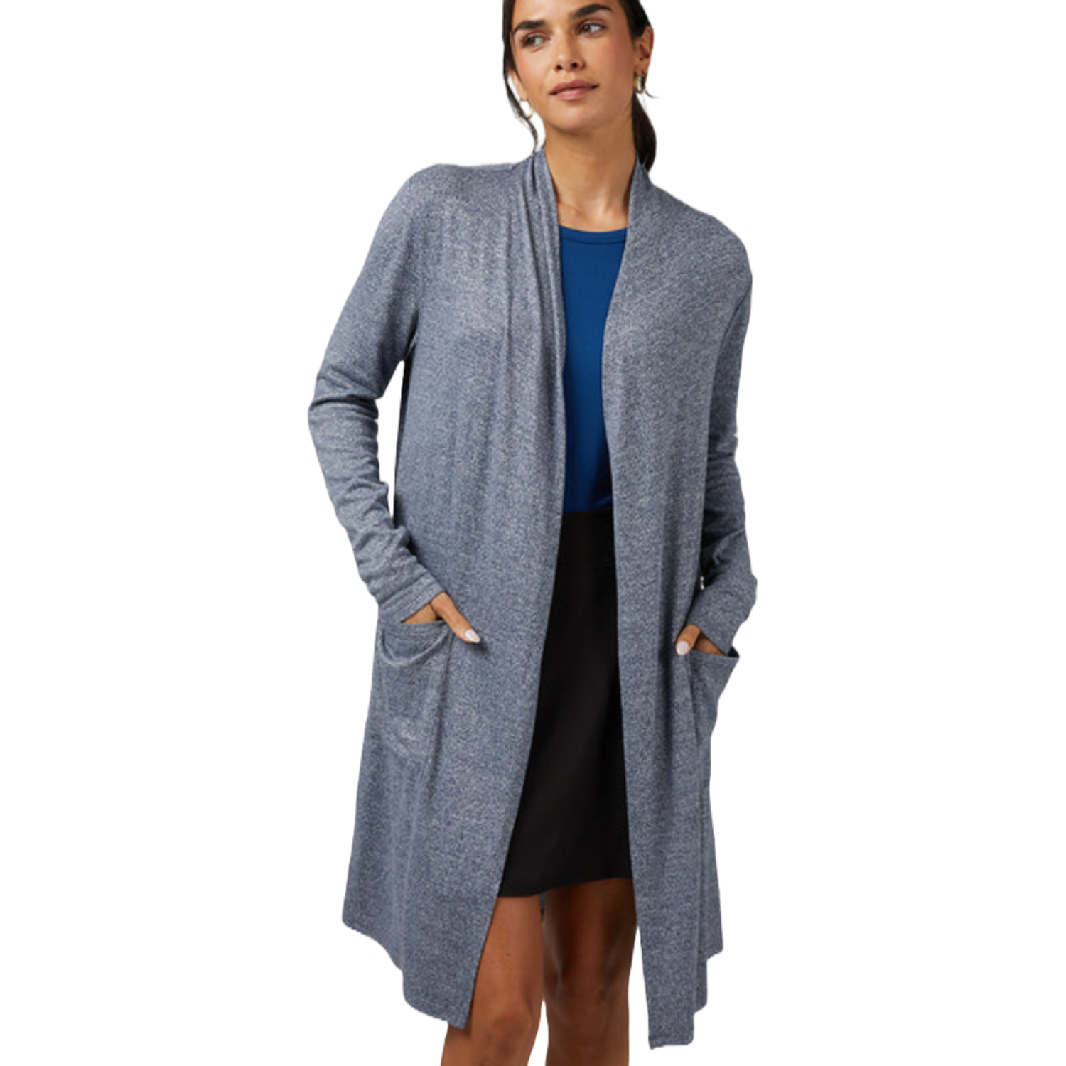 A woman is wearing a 32 Degrees Soft Comfy Wrap, which is a long, open-front cardigan with pockets. It's light gray and paired with a blue top and black skirt.