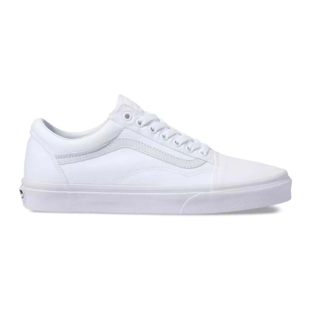 A white Vans Old Skool sneaker with a low-top design, iconic side stripe, lace-up closure, and rubber sole, featuring a minimalist and classic style.