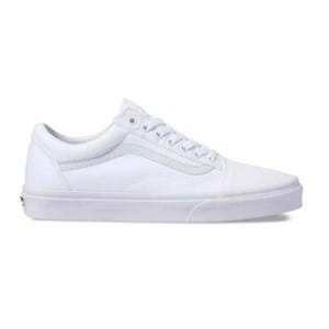 A white Vans Old Skool sneaker with a low-top design, iconic side stripe, lace-up closure, and rubber sole, featuring a minimalist and classic style.