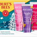 Burt's Bees hand cream trio featuring Wild Rose & Berry, Lavender & Honey, and Watermelon & Mint, each with shea butter, 99% natural origin, 1 oz each.