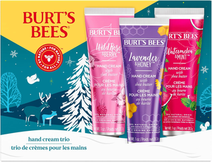 Burt's Bees hand cream trio featuring Wild Rose & Berry, Lavender & Honey, and Watermelon & Mint, each with shea butter, 99% natural origin, 1 oz each.