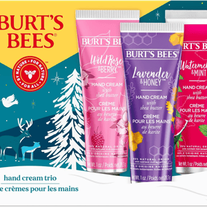 Burt's Bees hand cream trio featuring Wild Rose & Berry, Lavender & Honey, and Watermelon & Mint, each with shea butter, 99% natural origin, 1 oz each.