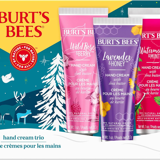 Burt's Bees hand cream trio featuring Wild Rose & Berry, Lavender & Honey, and Watermelon & Mint, each with shea butter, 99% natural origin, 1 oz each.
