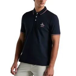 A navy polo shirt with pink and white trim accents, featuring a penguin logo on the chest.