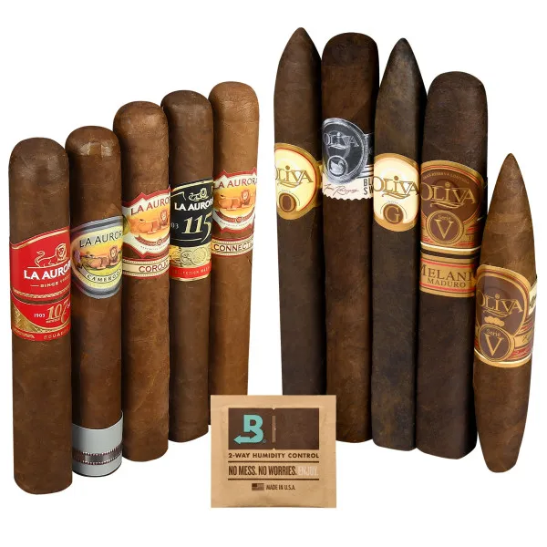 A selection of La Aurora and Oliva cigars, featuring various labels and sizes, alongside a Boveda 2-way humidity control pack.