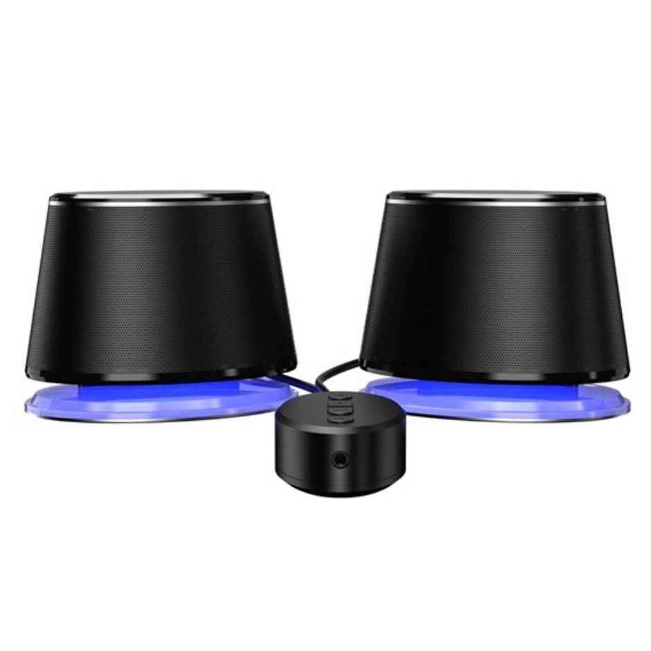 Black dual speakers with blue LED bases and a connected control unit featuring buttons and an audio jack.