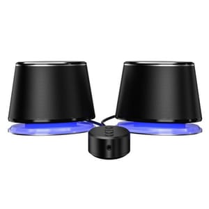 Black dual speakers with blue LED bases and a connected control unit featuring buttons and an audio jack.