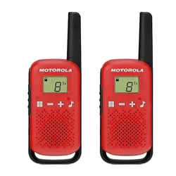Pair of red Motorola walkie-talkies with black antennas and clips, featuring digital displays and button controls.