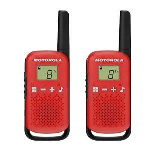 Pair of red Motorola walkie-talkies with black antennas and clips, featuring digital displays and button controls.