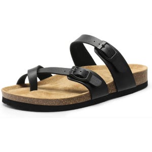 Black sandal with two adjustable buckle straps and a cork footbed for support.