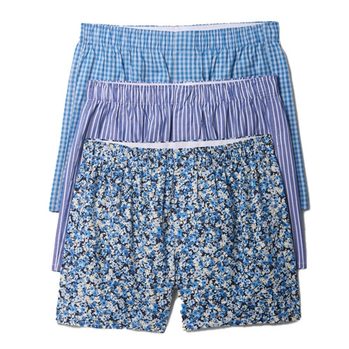 3-pack Gap Factory Boxer Briefs featuring three patterns: light blue check, blue and white stripes, and blue floral print.