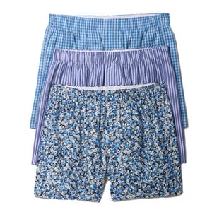 3-pack Gap Factory Boxer Briefs featuring three patterns: light blue check, blue and white stripes, and blue floral print.