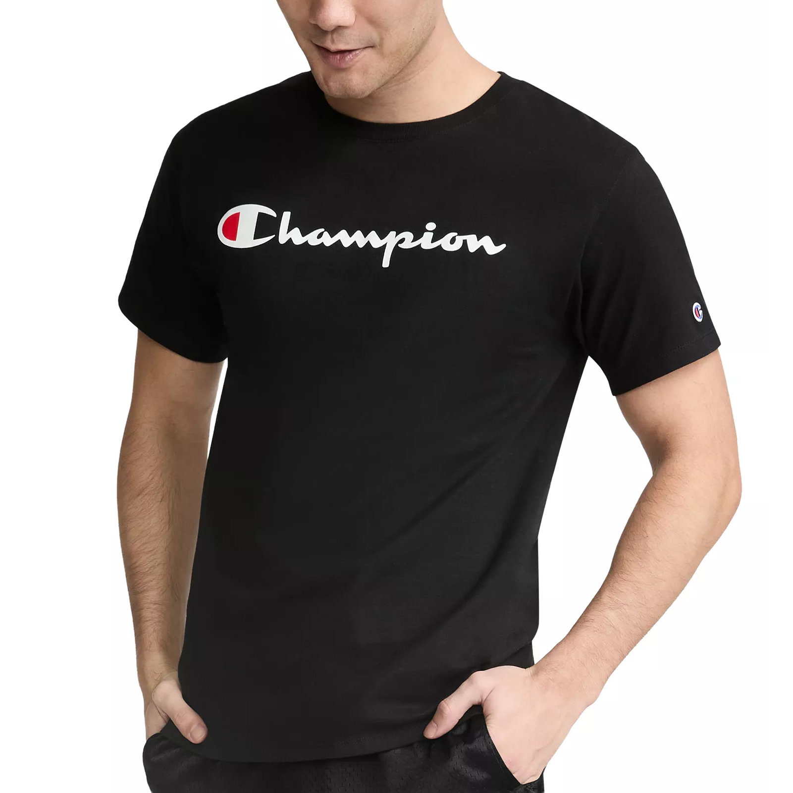 A black Champion T-shirt featuring the brand's logo in white across the chest.