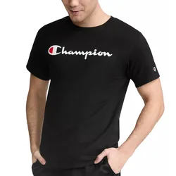 A black Champion T-shirt featuring the brand's logo in white across the chest.