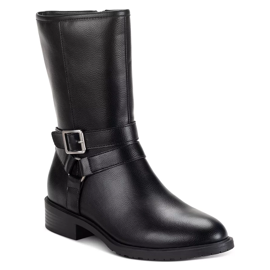 Style & Co. Valeriee Mid Shaft Boots are black with a sleek finish, featuring a mid-calf height and silver buckle strap detailing. They have a low block heel and a round toe design, ideal for a classic and versatile look.