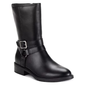 Style & Co. Valeriee Mid Shaft Boots are black with a sleek finish, featuring a mid-calf height and silver buckle strap detailing. They have a low block heel and a round toe design, ideal for a classic and versatile look.