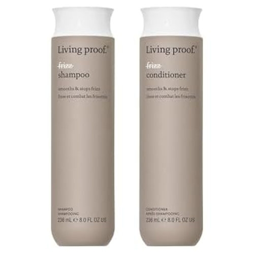 Living Proof frizz shampoo and conditioner, designed to smooth and stop frizz, each in 8.0 FL OZ (236 mL) bottles.
