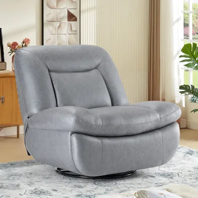 A gray leather swivel chair with a rounded, cushioned design is set in a cozy living room, featuring a patterned rug, a wooden cabinet, wall art, and a window with curtains.
