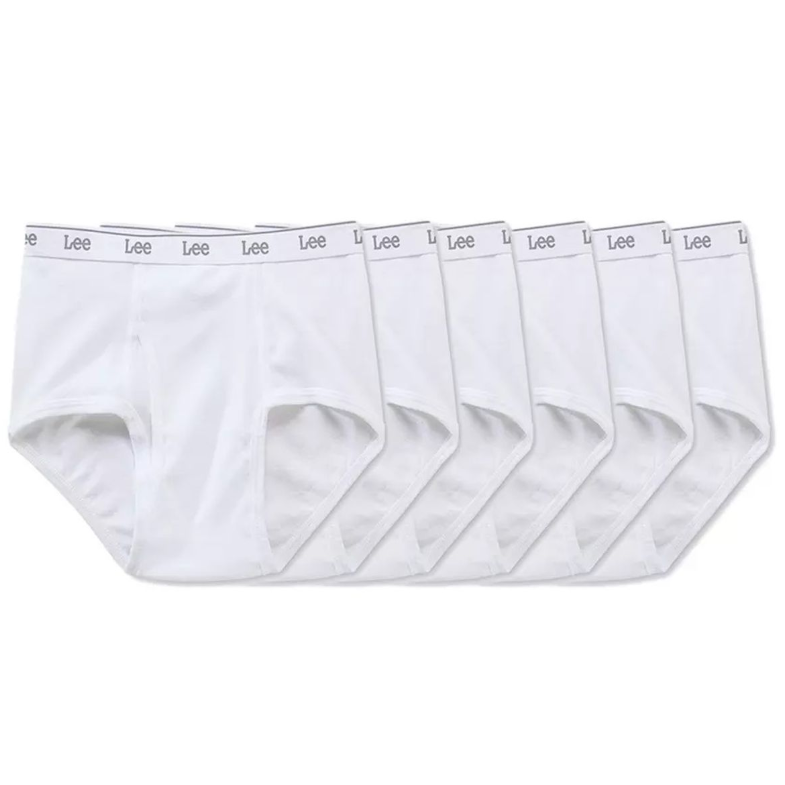 A set of six white men's briefs with \“Lee\“ branded waistbands.