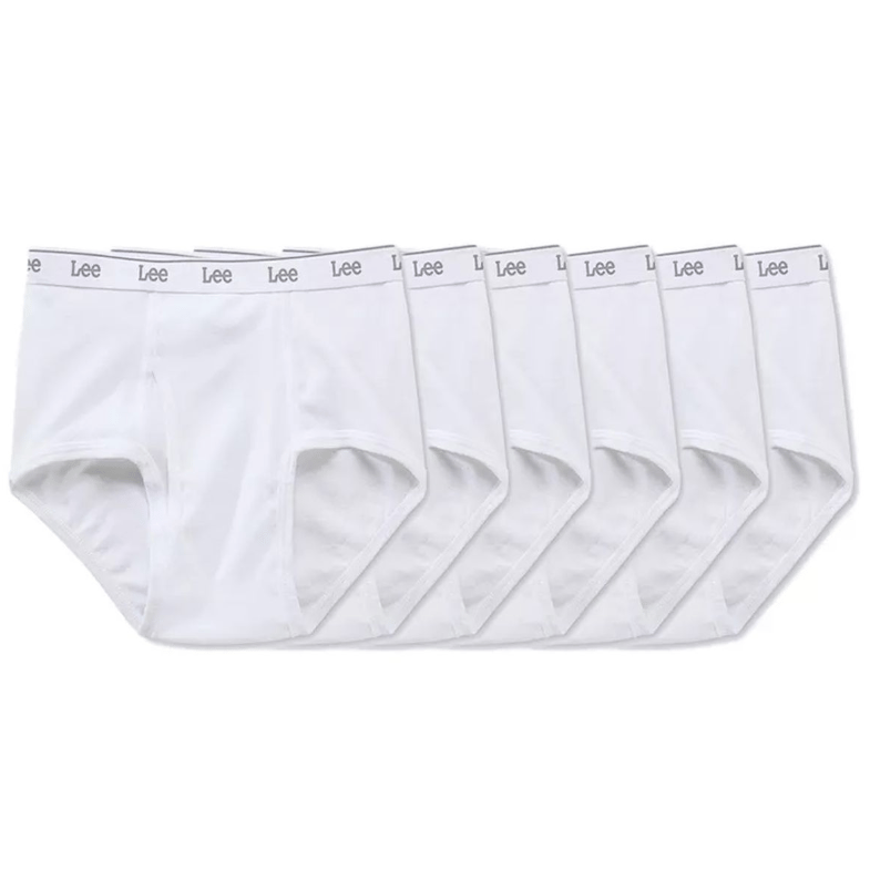 A set of six white men's briefs with \“Lee\“ branded waistbands.