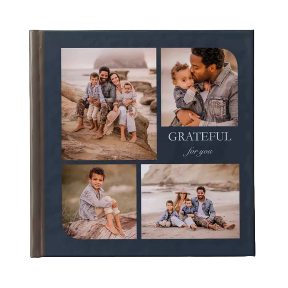 A Shutterfly custom photo book featuring a dark cover with four family photos arranged on it, accompanied by the text \“GRATEFUL for you.\“