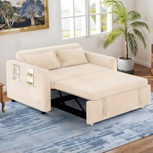 A beige 55\“ reclining sleeper sofa featuring a pull-out bed, armrest storage pockets, and cushioned back, set on a blue-patterned rug in a room with a potted plant and wall art.