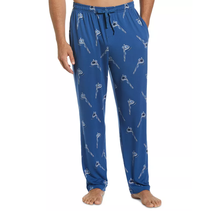 Blue pajama pants with a drawstring waistband, featuring an all-over print of golf flags.