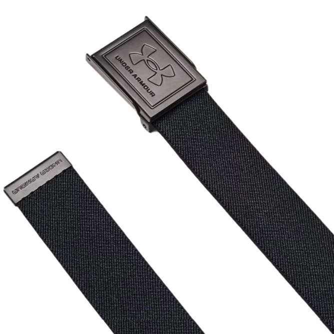 The Under Armour Stretch Webbing Belt features a black webbed strap with a metallic buckle displaying the Under Armour logo. The design is sleek and adjustable, suited for various casual or athletic outfits.