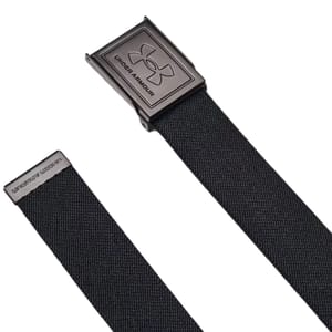 The Under Armour Stretch Webbing Belt features a black webbed strap with a metallic buckle displaying the Under Armour logo. The design is sleek and adjustable, suited for various casual or athletic outfits.