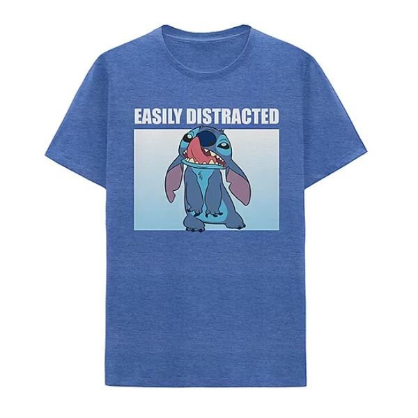 A blue t-shirt with a cartoon character and the text \“Easily Distracted.\“