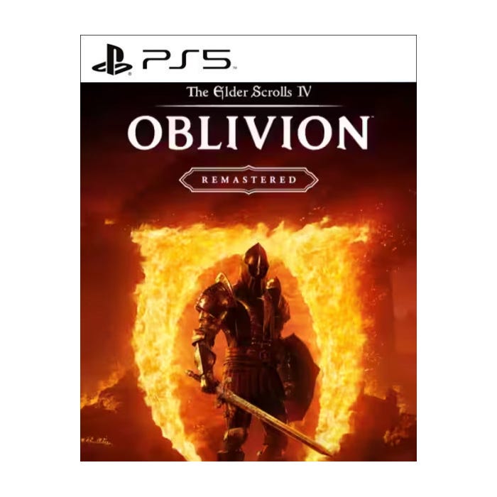PS5 game cover for \“The Elder Scrolls IV: Oblivion Remastered\“ featuring a knight in armor in front of a fiery portal.