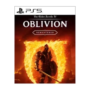 PS5 game cover for \“The Elder Scrolls IV: Oblivion Remastered\“ featuring a knight in armor in front of a fiery portal.