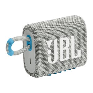 A compact JBL Go 3 Eco speaker featuring a woven gray fabric design with the JBL logo, accented by blue elements, and equipped with a loop for portability.