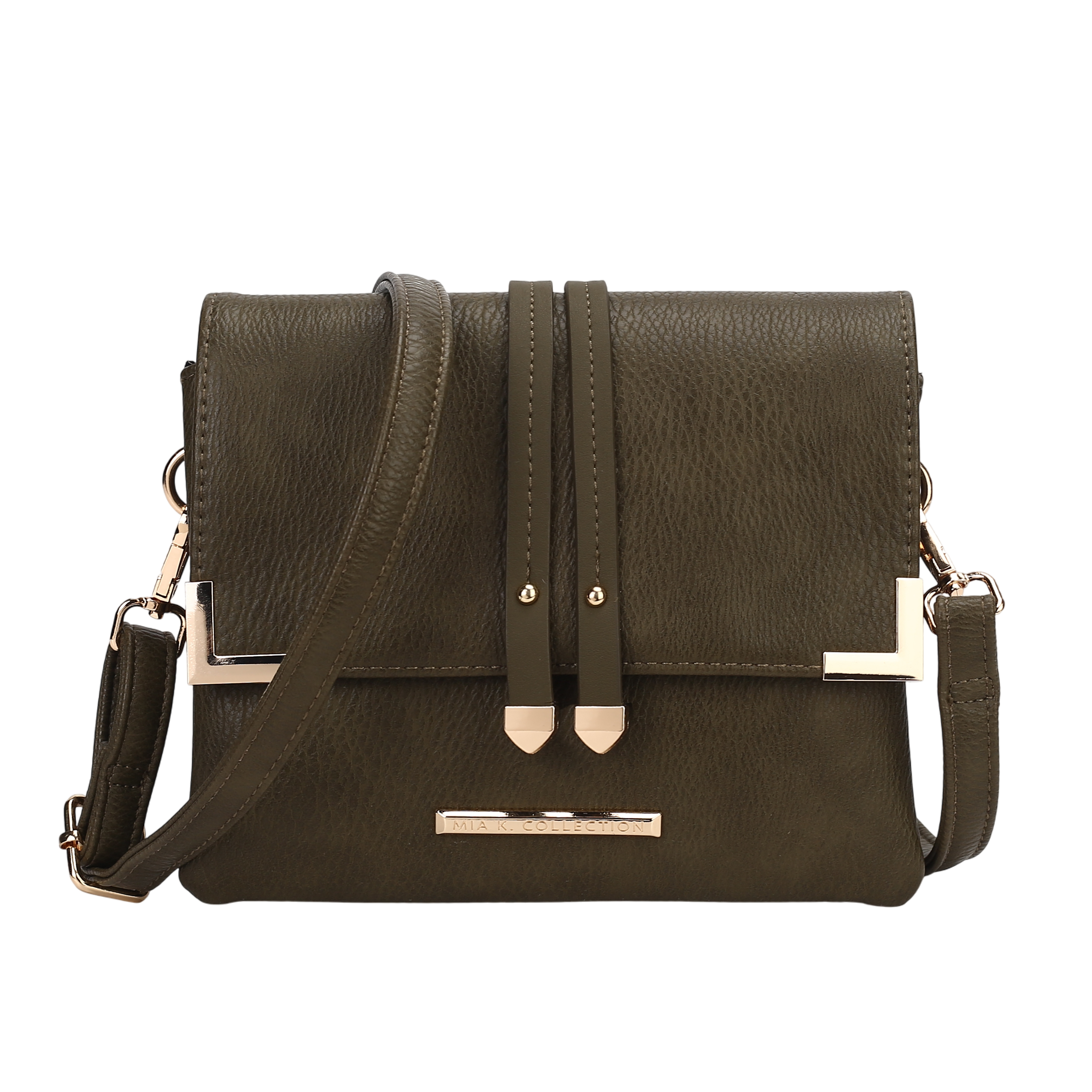A stylish olive green crossbody bag with a pebbled texture, gold hardware, and an adjustable strap. It features decorative straps and a small label on the front.