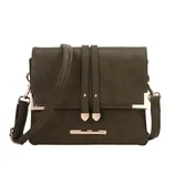 A stylish olive green crossbody bag with a pebbled texture, gold hardware, and an adjustable strap. It features decorative straps and a small label on the front.