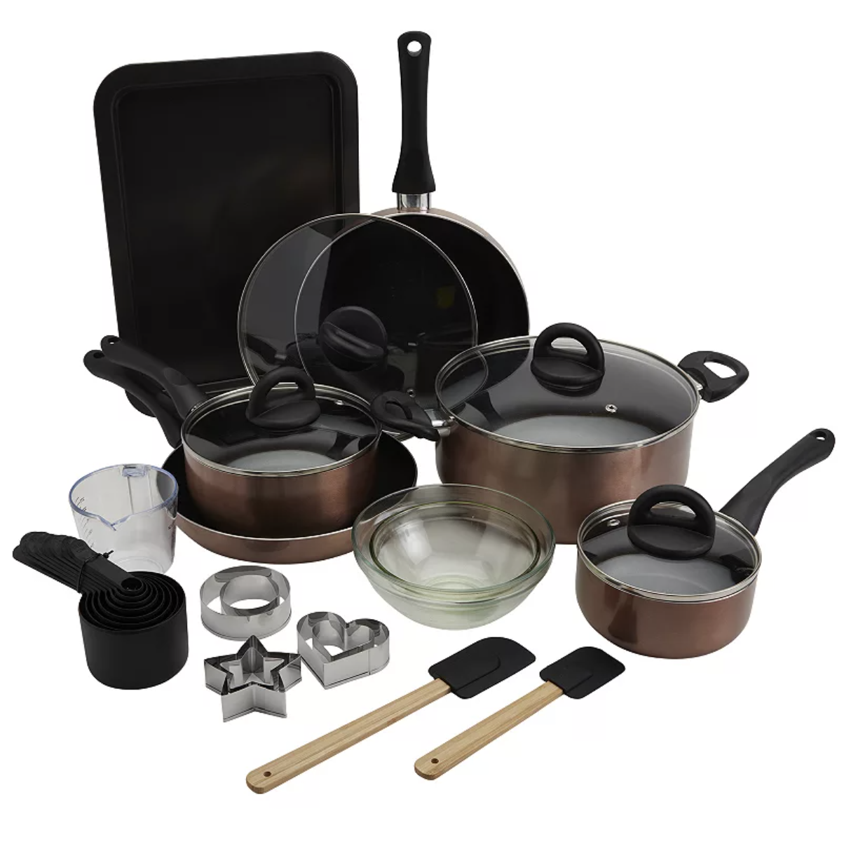 Cookware set including saucepans, frying pan, baking sheet, glass bowls, measuring cups, cookie cutters, and spatulas.
