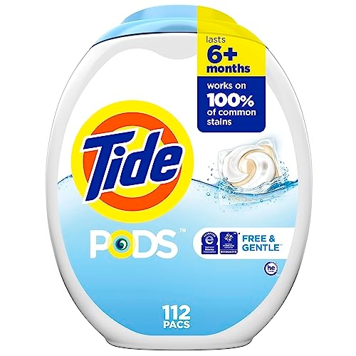 A container of Tide PODS Free & Clear laundry detergent packs, with a quantity of 112 pacs, advertised for use on 100% of common stains and lasting over 6 months.