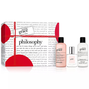 Philosophy Amazing Grace Gift Set includes a 90ml shampoo, bath & shower gel, a 90ml firming body emulsion, and an eau de toilette. The set is packaged in a branded box featuring text and red ribbon design elements.