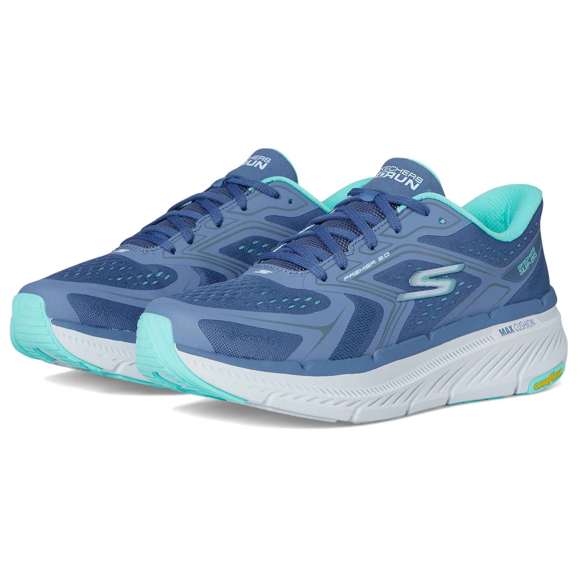 Blue and teal Skechers GoRun cushioned slip-on sneakers with mesh upper, lace-up design, and a prominent \“S\“ logo on the side, featuring a chunky white sole with aqua accents for support and comfort.