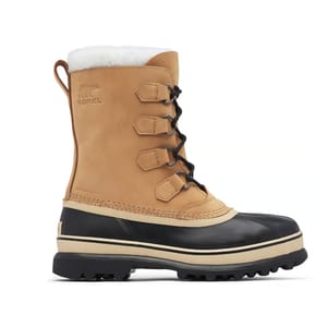 Sorel Caribou Boots are waterproof, insulated boots with a tan leather upper, black rubber lower, and white lining. They feature a lace-up design with hook eyelets for a secure fit, designed for cold and wet conditions.